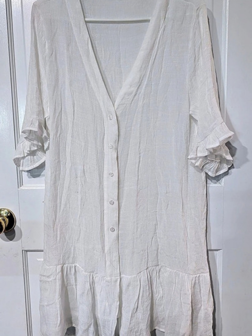 White Button Down Swim Cover Up With Ruffle Sleeves Size Large